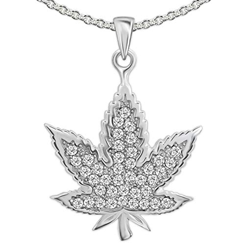 CLEVER SCHMUCK Hanfblatt Halskette Anhänger 24 mm viele Zirkonia, Kette Erbs 45 cm 925 Sterling Silber für Damen im Schmucketui von CLEVER SCHMUCK