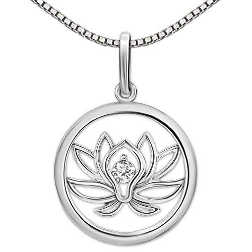 Clever Schmuck Set Silberner Damen Anhänger Lotusblüte 17 mm Ø im Silberring 1 Zirkonia mittig glänzend und Kette Venezia 42 cm STERLING SILBER 925 Blume des Lotus von CLEVER SCHMUCK