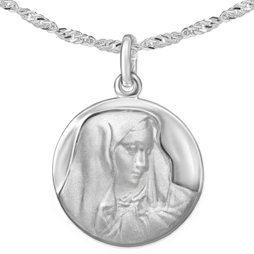 CLEVER SCHMUCK Damen Halskette Madonna Anhänger rund Ø 16 mm Bildnis Heilige Maria Dolorosa Mutter Gottes Kette Singapur 45 cm Sterling Silber 925 in Schmuckverpackung von CLEVER SCHMUCK