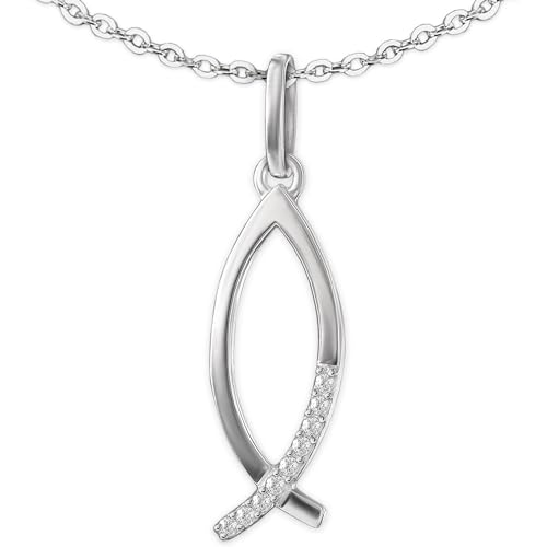 Clever Schmuck Set Silberner Damen Ichtys Anhänger 18 mm schmale schlichte Form Fisch Symbol viele Zirkonia glänzend und Kette Anker 45 cm STERLING SILBER 925 von CLEVER SCHMUCK