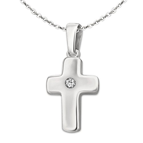 CLEVER SCHMUCK Kinder Kreuz Halskette Anhänger Mini Kreuz 12 mm mit einem Zirkonia mittig Kette Anker 40 cm Sterling Silber 925 im Kreuzetui von CLEVER SCHMUCK