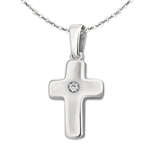 CLEVER SCHMUCK Kinder Kreuz Halskette Anhänger Mini Kreuz 12 mm mit einem Zirkonia mittig Kette Anker 40 cm Sterling Silber 925 im Schmucketui von CLEVER SCHMUCK