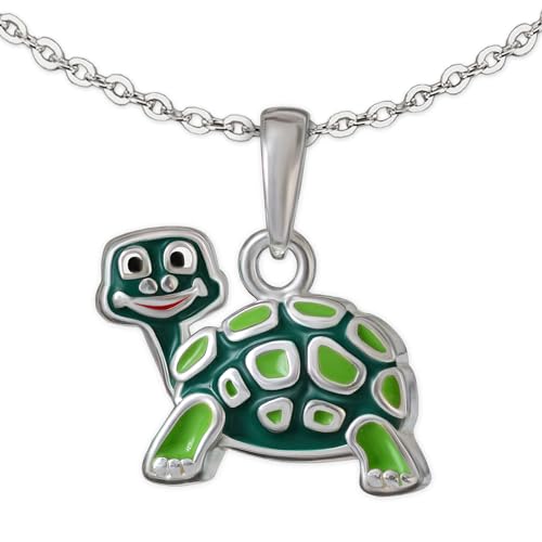 CLEVER SCHMUCK Kinder Halskette mit Anhänger kleine Schildkröte 10 x 12 mm grün rot weiß schwarz lackiert glänzend Kette Anker 40 cm 925 Sterling Silber im Schmucketui von CLEVER SCHMUCK