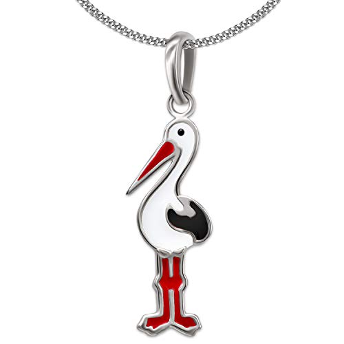 Clever Schmuck Set Silberner Kinder Anhänger kleiner Storch 17 mm rot schwarz weiß lackiert glänzend & Kette Panzer 40 cm STERLING SILBER 925 für Kinder von CLEVER SCHMUCK