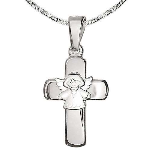 Clever Schmuck Set Kinderkreuz Anhänger 15 mm mit aufgesetztem Engel Kreuz tragend matt & Kette Panzer 40 cm STERLING SILBER 925 im Kreuz-Etui von CLEVER SCHMUCK