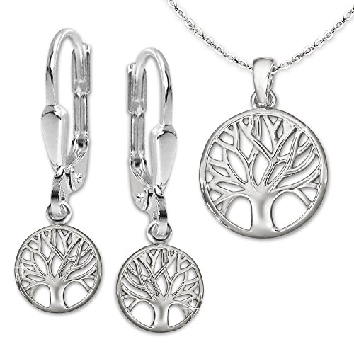 CLEVER SCHMUCK-SET Damen Halskette mit Anhänger Lebensbaum Ø 18 mm schlicht + passende Ohrhänger + Kette Anker 42 cm Sterling Silber 925 im Etui weiß von CLEVER SCHMUCK