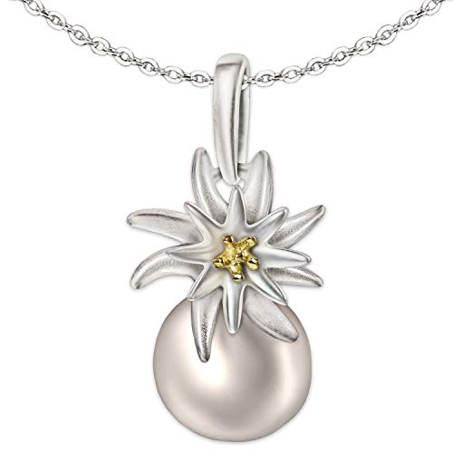 CLEVER SCHMUCK Damen Halskette Anhänger Edelweiß Blume auf Süßwasserperle 15 x 11 mm Kette Erbs 45 cm Sterling Silber 925 im Schmucketui von CLEVER SCHMUCK