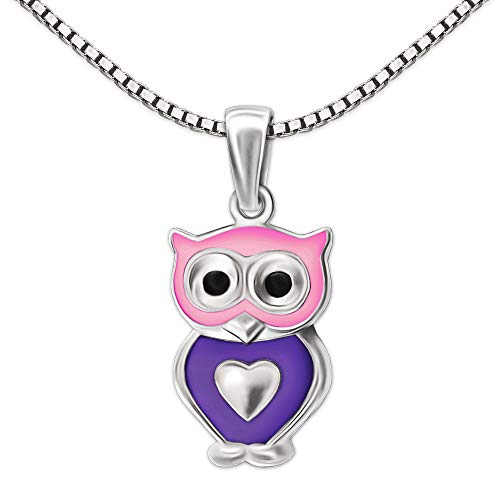 Clever Schmuck Set Silberner kleiner Kinder Anhänger Mini Eule 11 mm mit Herz rosa violett glänzend und Kette Venezia 38 cm STERLING SILBER 925 im Etui rosa von CLEVER SCHMUCK