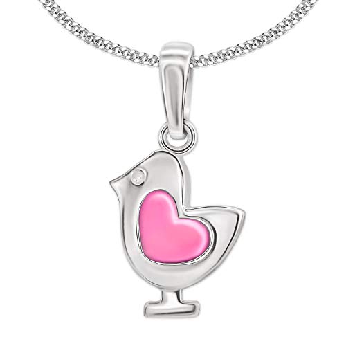 CLEVER SCHMUCK Set Silberner kleiner Mädchen Anhänger Mini Küken 10 x 8 mm Spatz Vogel mit Herz rosa lackiert glänzend & Kette Panzer 38 cm STERLING SILBER 925 im Etui rosa von CLEVER SCHMUCK