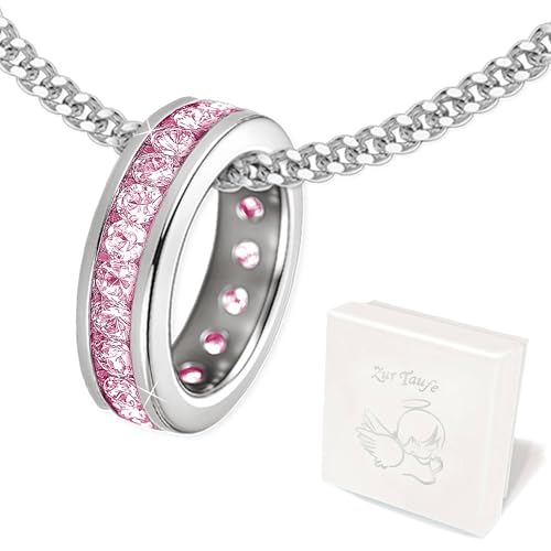 CLEVER SCHMUCK Kinder Taufkette Mini Taufring Anhänger 10 mm viele Zirkonias rosa pink ringsum mit Kette 36 cm Sterling Silber 925 im Schmucketui von CLEVER SCHMUCK