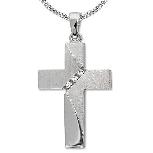 CLEVER SCHMUCK Damen Halskette Kreuz 23 mm 3 Zirkonia diagonal geschwungen glänzend gesandelt matt Kette Panzer 42 cm 925 Sterlig Silber im Schmucketui von CLEVER SCHMUCK