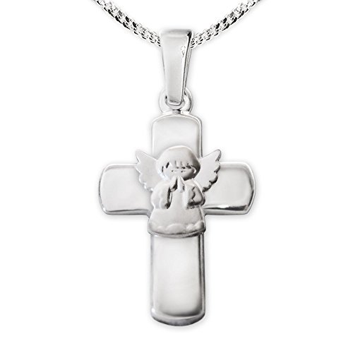 CLEVER SCHMUCK Kinder Kreuzkette Silberkreuz Anhänger 15 mm glänzend mit Engel betend matt Kette Panzer 40 cm 925 Sterling Silber zur Erstkommunion Taufe im Schmucketui von CLEVER SCHMUCK