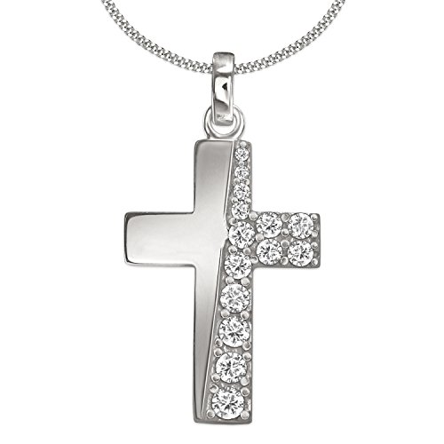 CLEVER SCHMUCK Damen Mädchen Halskette Kreuz 16x11mm diagonal Muster Zirkonias auf rechter Seite links glänzend & Kette Panzer 42cm STERLING SILBER 925 im Schmucketui von CLEVER SCHMUCK