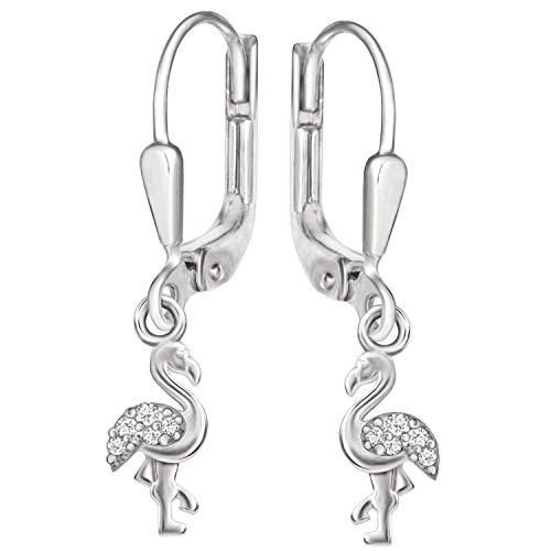 CLEVER SCHMUCK Silberne kleine Damen Mädchen Ohrringe als Ohrhänger 25 mm Mini Flamingo 9 mm mit je 5 Zirkonia weiß glänzend 925 Sterling Silber im Schmucketui von CLEVER SCHMUCK