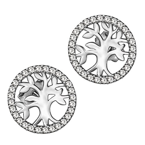 Clever Schmuck Silberne Damen Ohrstecker Baum des Lebens rund Ø 9 mm im Ring viele Zirkonia weiß glänzend STERLING SILBER 925 von CLEVER SCHMUCK