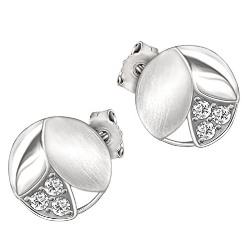 CLEVER SCHMUCK Silberne Damen Ohrstecker rund Ø 8 mm 3 blattartige Oberflächen im Kreis teils teils matt und glänzend mit 3 Zirkonia STERLING SILBER 925 von CLEVER SCHMUCK