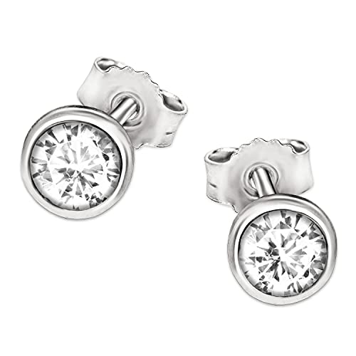 CLEVER SCHMUCK Silberne Damen Zirkonia Ohrringe als kleine Ohrstecker Ø 4 mm glänzend Zirkoniastein weiß rund als Kelchfassung STERLING SILBER 925 für Jugendliche, Kinder, Mädchen im Etui blau von CLEVER SCHMUCK