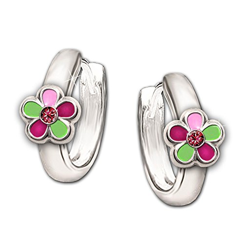 Clever Schmuck Silberne Mädchen Ohrringe als Creole 12 mm Blume grün pink rosa lackiert Zirkonia rot STERLING SILBER 925 im Etui rosa von CLEVER SCHMUCK