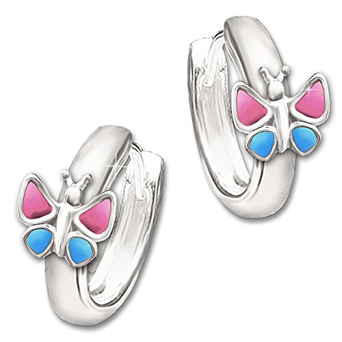 Clever Schmuck Silberne Kinder Creole 12 mm mit Schmetterling 7 mm rosa - pink & blau lackiert glänzend STERLING SILBER 925 von CLEVER SCHMUCK