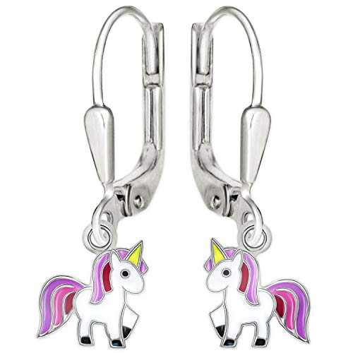 Clever Schmuck Silberne Kinder Ohrhänger 23 mm kleines Einhorn 9 x 8 mm bunt lackiert STERLING SILBER 925 für Mädchen von CLEVER SCHMUCK