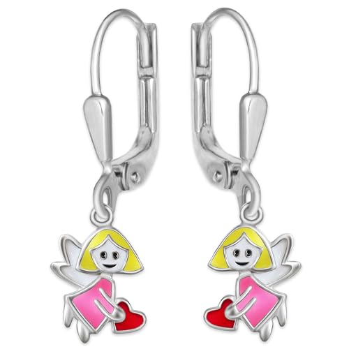 Clever Schmuck Silberne Kinder Ohrringe als Ohrhänger 24 mm kleine Fee Engel 8 mm teils gelb rosa weiß lackiert mit Herz pink in der Hand glänzend STERLING SILBER 925 im Etui rosa von CLEVER SCHMUCK