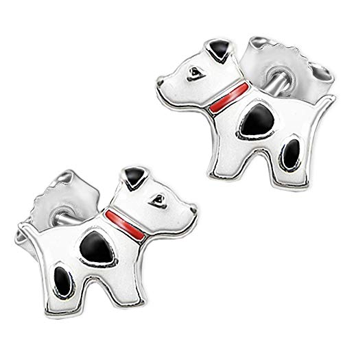 Clever Schmuck Silberne Kinder Ohrringe als Ohrstecker kleine Hunde 8 x 6 mm weiss rot und schwarz lackiert STERLING SILBER 925 im Etui rosa von CLEVER SCHMUCK