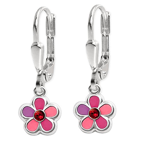 CLEVER SCHMUCK Silberne Mädchen Ohrhänger mit Blume Blüte pink rosa lila mit Zirkonia rot Sterling Silber 925 im Etui rosa von CLEVER SCHMUCK