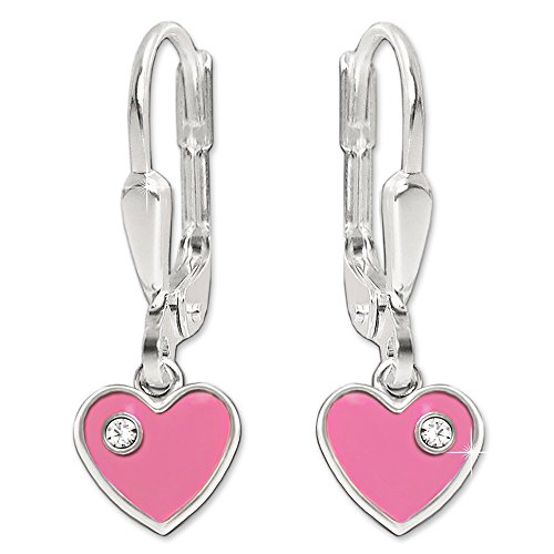 Clever Schmuck Silberne Mädchen Ohrringe als Ohrhänger 21 mm Mini Herz 6 mm rosa - pink lackiert mit Zirkonia weiß glänzend STERLING SILBER 925 von CLEVER SCHMUCK