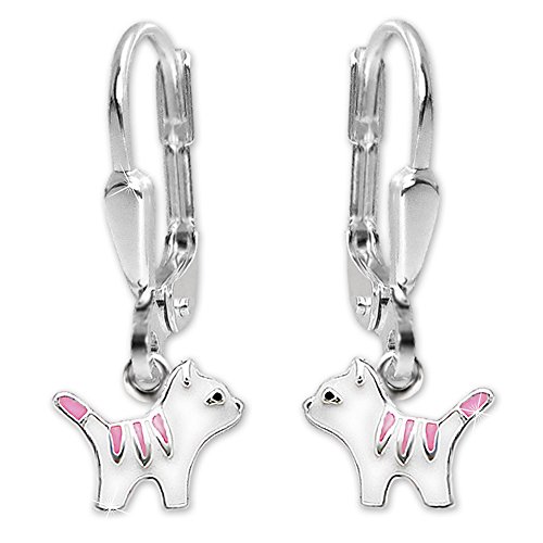 Clever Schmuck Silberne Mädchen Ohrringe als Ohrhänger 21 mm mit Mini Katze 6 mm weiß rosa schwarz lackiert glänzend STERLING SILBER 925 von CLEVER SCHMUCK