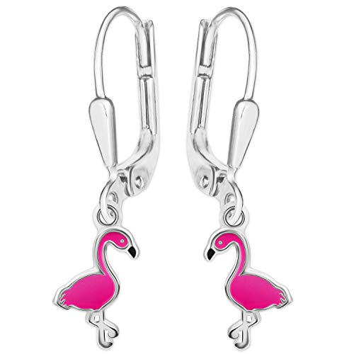 Clever Schmuck Silberne Mädchen Ohrringe als Ohrhänger 28 mm mit Mini Flamingo 10 mm pink Schnabel schwarz lackiert glänzend Sterling Silber 925 im Etui rosa von CLEVER SCHMUCK