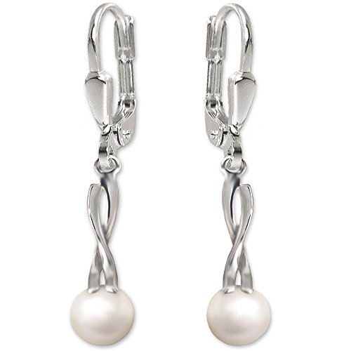 Clever Schmuck Silberne elegante Damen Perlenohrringe 33 mm längliche blütenartige Fassung für weiße echte Süßwasserperle glänzend STERLING SILBER 925 von CLEVER SCHMUCK