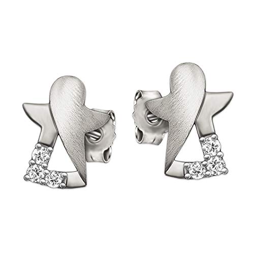 CLEVER SCHMUCK Silberne kleine Damen Ohrstecker Engel 7 x 6 innen offen, teils matt und glänzend mit 3 Zirkonias stilisiert schlicht Sterling Silber 925 im Schmucketui von CLEVER SCHMUCK