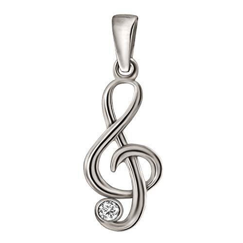 CLEVER SCHMUCK Silberner Anhänger kleiner Notenschlüssel 20 x 8 mm Musik glänzend mit einem Zirkonia in weiß STERLING SILBER 925 in Schmuckverpackung von CLEVER SCHMUCK