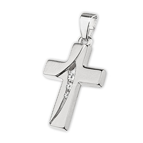 CLEVER SCHMUCK Silberner Anhänger kleines Kreuz 16 mm geschwungen mit 3 Zirkonias mittig übereinander matt und glänzend STERLING SILBER 925 in Geschenkfaltbox von CLEVER SCHMUCK