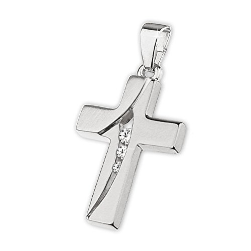 Clever Schmuck Silberner Anhänger kleines Kreuz 16 mm geschwungen mit 3 Zirkonias mittig übereinander matt und glänzend STERLING SILBER 925 in Geschenkfaltbox von CLEVER SCHMUCK