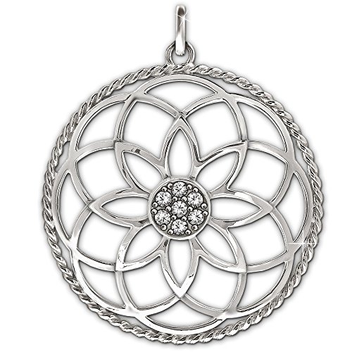 CLEVER SCHMUCK Silberner großer Damen Anhänger Mandala Ø 40 mm Blume des Lebens mit vielen Zirkonias in der Mitte und gedrehtem Rand glänzend 925 Sterling Silber im Schmucketui creme von CLEVER SCHMUCK
