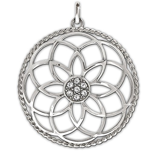 CLEVER SCHMUCK Silberner großer Damen Anhänger Mandala Ø 40 mm Blume des Lebens mit vielen Zirkonias in der Mitte und gedrehtem Rand glänzend STERLING SILBER 925 von CLEVER SCHMUCK