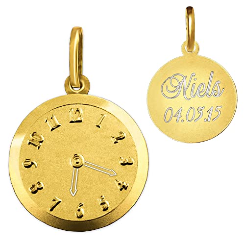 CLEVER SCHMUCK mit Gravur: Goldener Anhänger Ø 12 mm Uhr vorn mit individueller Uhrzeitgravur, hinten geschlossen mit Namensgravur und Datum 925 Sterling Silber vergoldet von CLEVER SCHMUCK