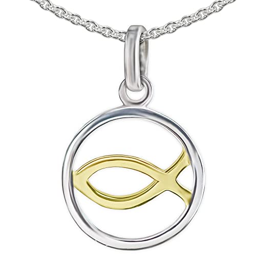 CLEVER SCHMUCK Ichty Halskette mit Anhänger Ichthys im Ring Ø 11mm teilvergoldet & Kette Erbs 42 cm Sterling Silber 925 im Etui weiß von CLEVER SCHMUCK