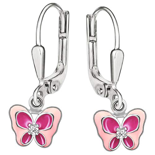 Schmetterlinge Mädchen Ohrringe als Ohrhänger 22mm mit Schmetterling 7x10 mm plastisch rosa pink mit 1 Zirkonia weiß glänzend STERLING SILBER 925 für Kinder von CLEVER SCHMUCK