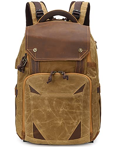 Vintage-Rucksack aus Segeltuch, lässiger Leder-Rucksack, Büchertasche, Wanderrucksack, Reisen, Outdoor-Schultertasche, für 30,5 - 43,2 cm, Khaki Vintage-Rucksack aus Segeltuch, lässiger Leder-Rucksack, Büchertasche, Wanderrucksack, Reisen, Outdoor-Schultertasche, für 30,5 - 43,2 cm, Khaki von CLFLO