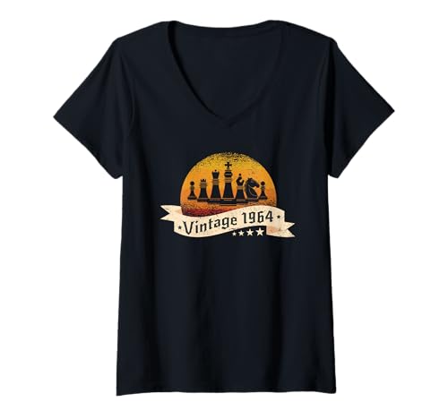 Damen Schachspieler Jahrgang 1964 Geburtstags Schachbrett Schach T-Shirt mit V-Ausschnitt von CLICK-HERE for more Chess-game Birthday Shirts