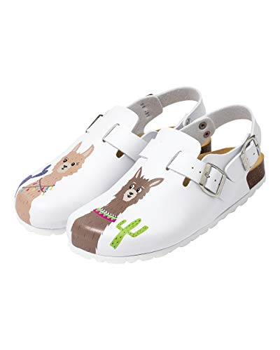 CLINIC DRESS Clog - Clogs Damen bunt weiß Motiv Lama oder Hund. Schuhe für Krankenschwestern, Ärzte oder Pflegekräfte weiß/bunt, Lama, 37 von CLINIC DRESS