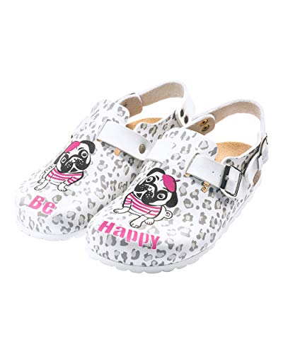 CLINIC DRESS Clog - Clogs Damen bunt weiß Motiv Lama oder Hund. Schuhe für Krankenschwestern, Ärzte oder Pflegekräfte weiß/grau/pink, Hund, 40 von CLINIC DRESS