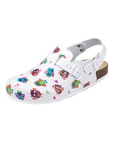 CLINIC DRESS Clog - Clogs Damen bunt weiß Motiv. Schuhe für Krankenschwestern, Ärzte oder Pflegekräfte bunt, Eule, 40 von CLINIC DRESS