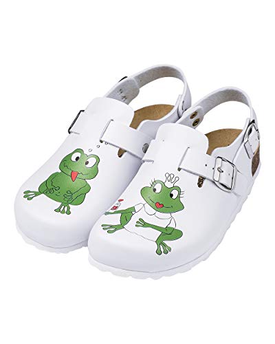 CLINIC DRESS Clog Clogs Damen mit Frosch-Motiv. Lustige Schuhe für Pflegekräfte, Ärzt:innen oder Krankenschwestern weiß, Frosch 36 von CLINIC DRESS