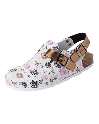 CLINIC DRESS Clog - Clogs Damen bunt weiß Motiv. Schuhe für Krankenschwestern, Ärzte oder Pflegekräfte weiß/Kupfer/Rose, Blumen und Schmetterlinge, 40 von CLINIC DRESS