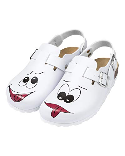 CLINIC DRESS Clog - Clogs Damen bunt weiß Motiv. Schuhe für Krankenschwestern, Ärzte oder Pflegekräfte weiß/bunt, Gesicht, 36 von CLINIC DRESS