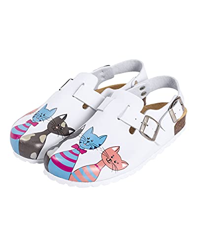 CLINIC DRESS Clog - Clogs Damen bunt weiß Motiv. Schuhe für Krankenschwestern, Ärzte oder Pflegekräfte weiß/pfirsichrosa/blau, Katzentrio, 37 von CLINIC DRESS