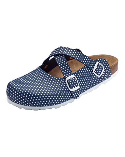 CLINIC DRESS Clog - Clogs Damen bunt. Schuhe für Krankenschwestern, Ärzte oder Pflegekräfte Navy/weiß, gepunktet, Polka Dots 37 von CLINIC DRESS